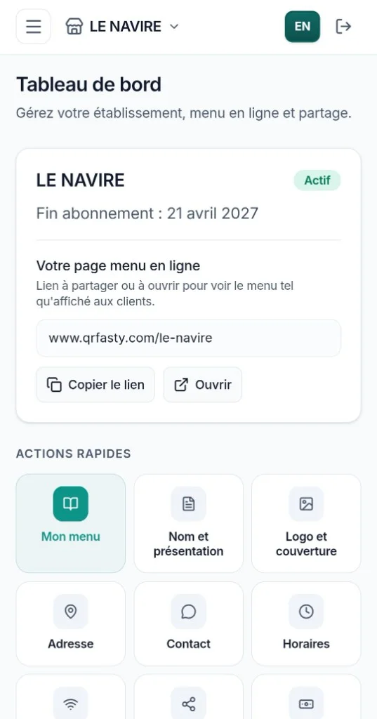 Your online menu link, quick actions, and subscription at a glance.